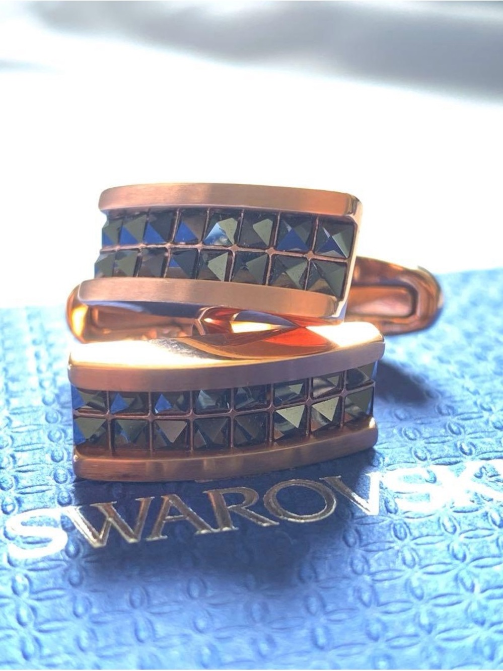NWT Swarovski Rose Gold Terzio Cuff Links Grey Jet Hematite Swarovski Crystals